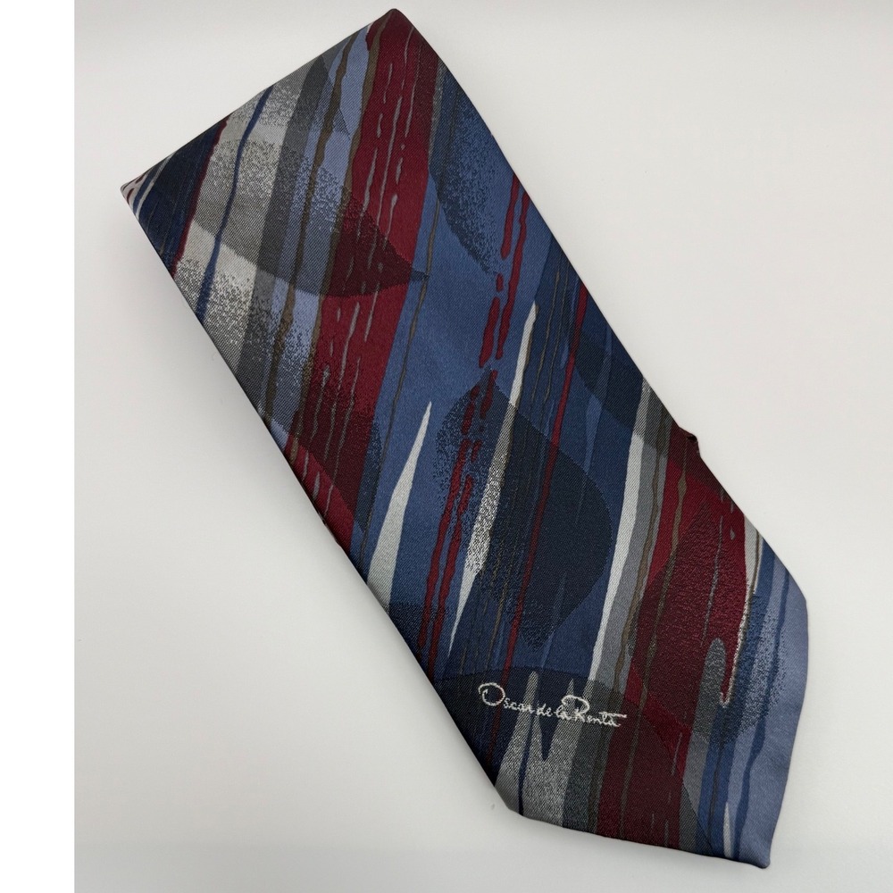 Oscar de la Renta Necktie OS Abstract Geometric 90s Retro Blue Red Silk Tie
